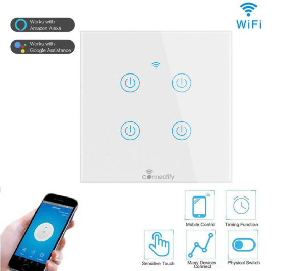 Smart 4 gang wifi switch with touch control and Wi-Fi connectivity, allowing remote operation and home automation.