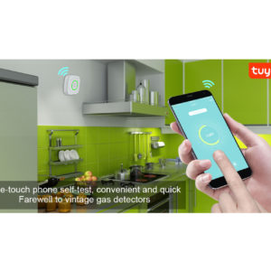 The image showcases a sleek and modern Smart WiFi Gas Sensor, placed strategically in a living room environment. The device is compact and unobtrusive, blending seamlessly with its surroundings. Its digital display indicates real-time gas levels, while a smartphone nearby receives instant alerts wirelessly. This image emphasizes the sensor's advanced technology, ease of use, and its ability to provide continuous safety monitoring for homes. The Smart WiFi Gas Sensor is depicted as a crucial tool for proactive gas leak detection, offering peace of mind to homeowners."